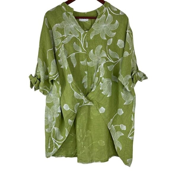 No Brand Tops - Italian 100% Linen Boho Green Floral Hi-Low Relaxed Fit Tunic Top Women One Size